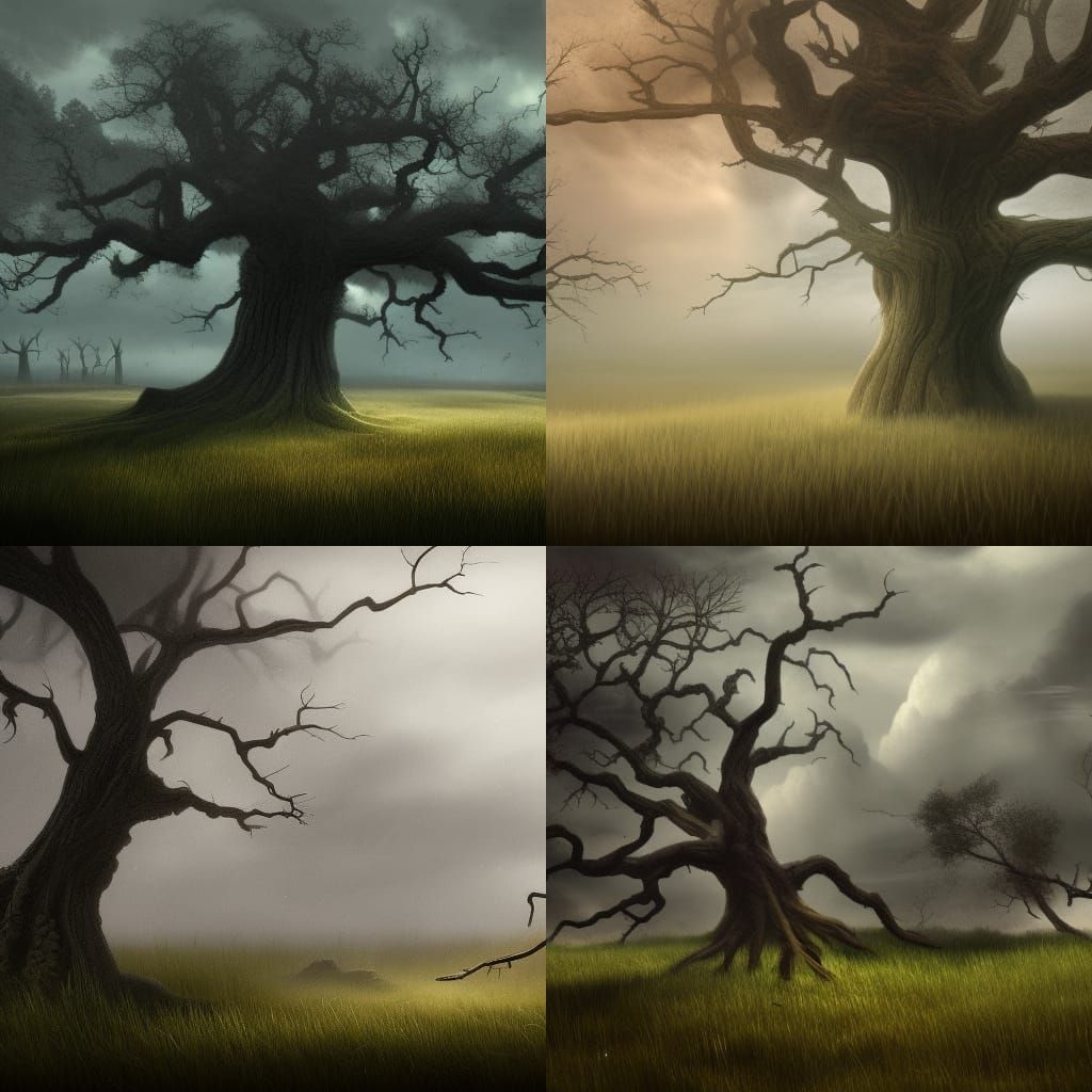 A thundery gray day in a prairie field under an old oak tree...