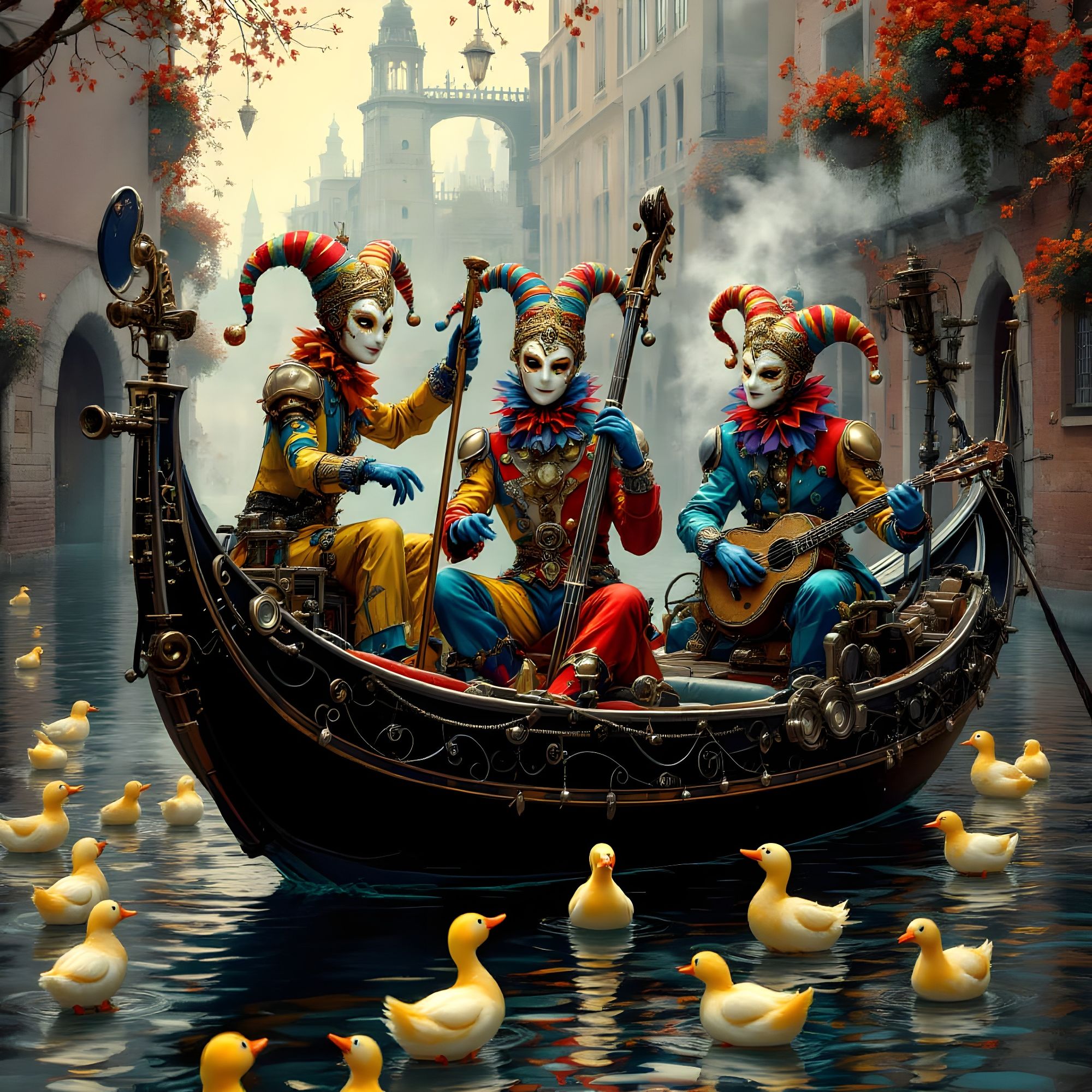 Three masked harlequins are playing musical instruments on a steam powered gondola. As ducks dance on the water of the canal