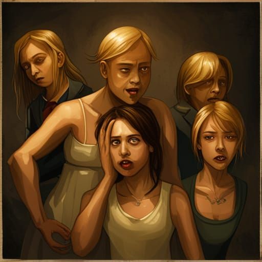 demons haunting and screaming at girls as they dance togethe...