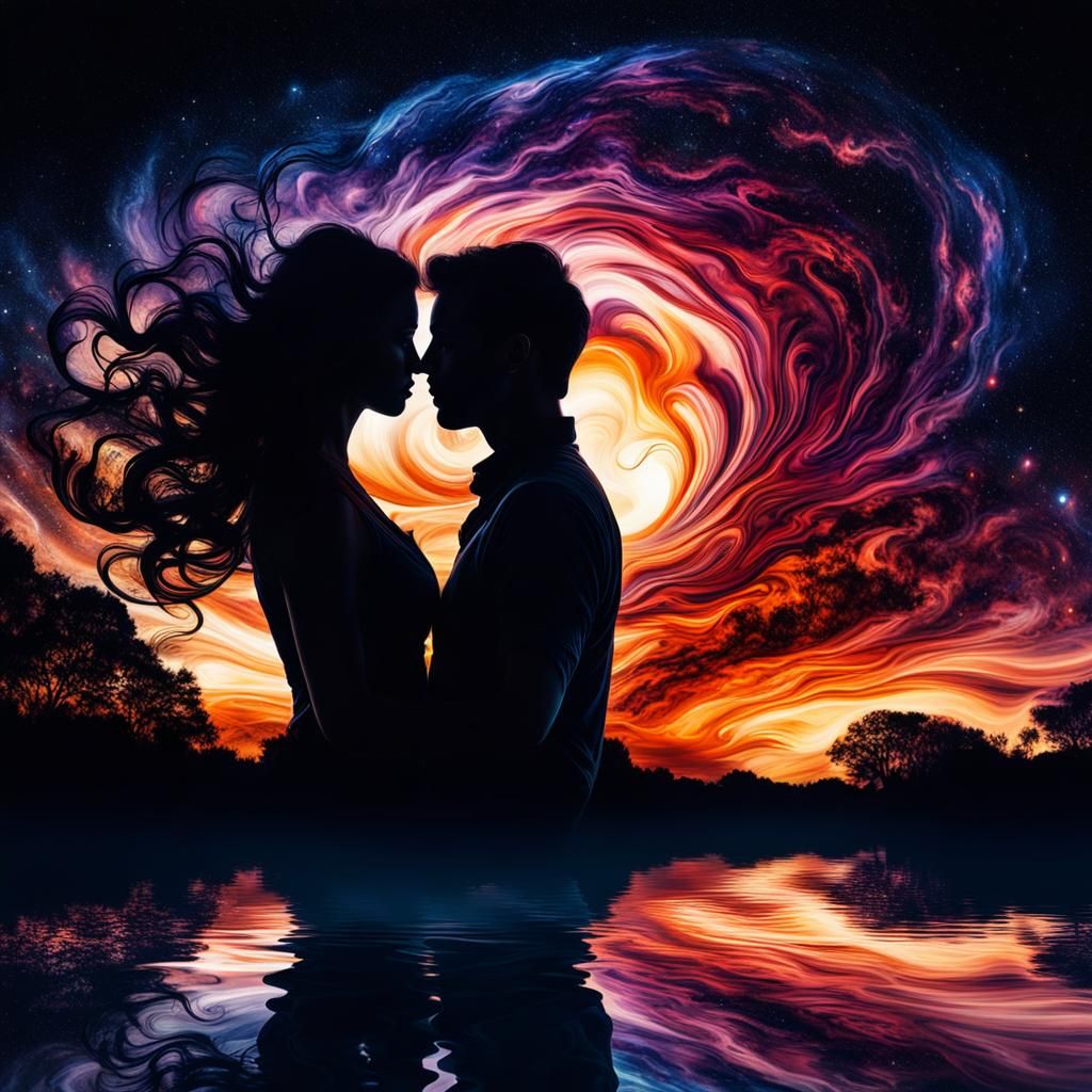 dark sunset, double exposure of silhouette dark love, [hyper...