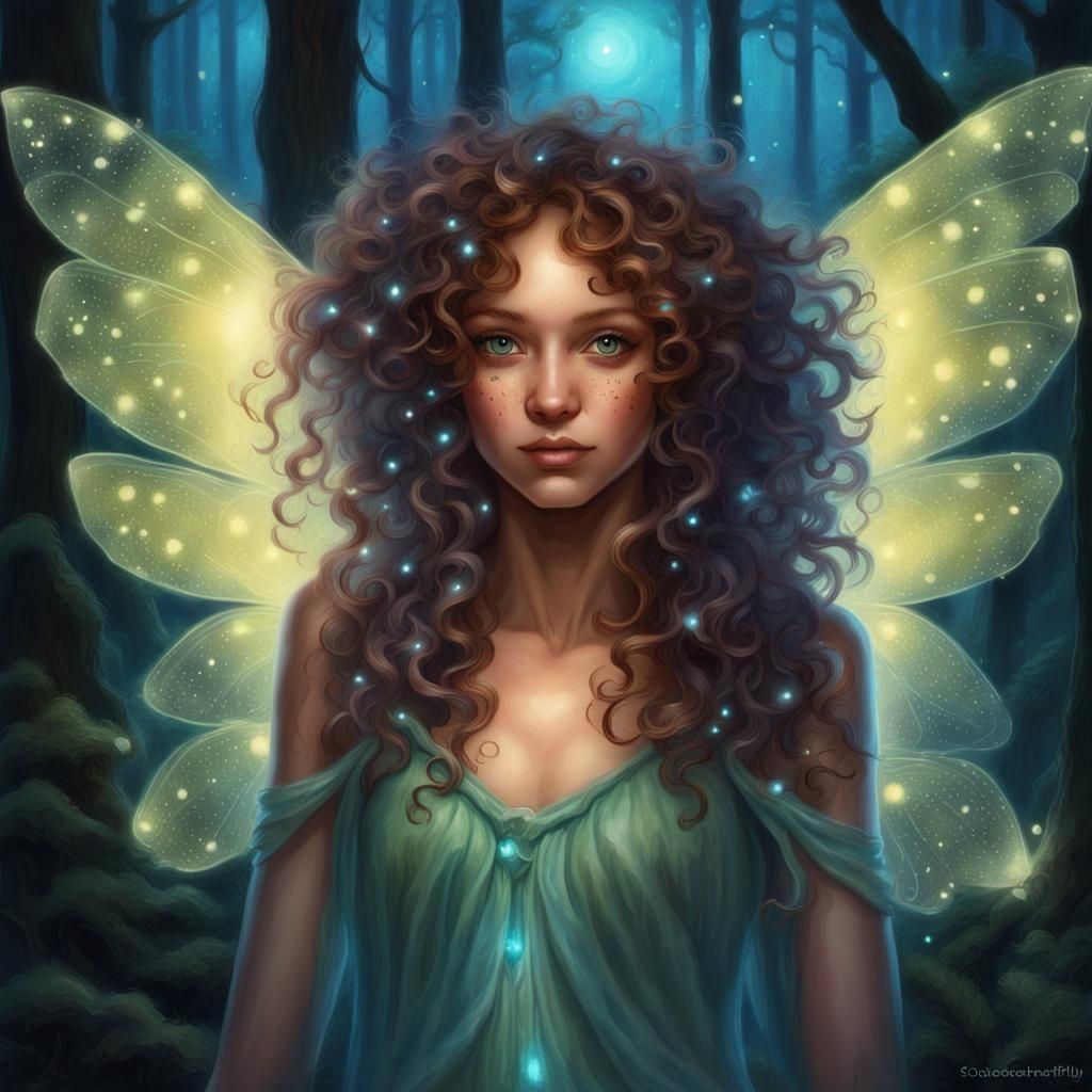 A fairy with curly hair an freckle beauty wings looks as pai...