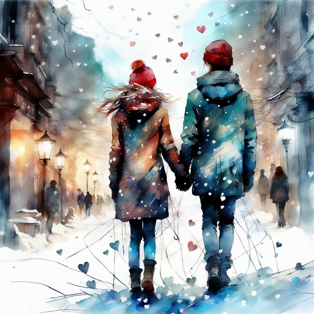 Kids Walking in Winter Street: Digital Watercolor Art