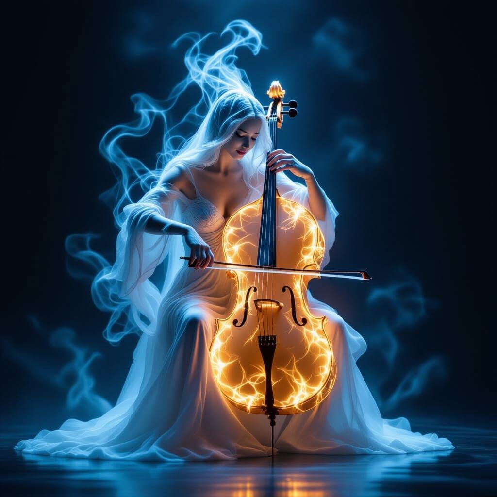 An ethereal being made of smoke and mist playing a glowing cello made of light, swirling smoke forms ...  by @Alex Green