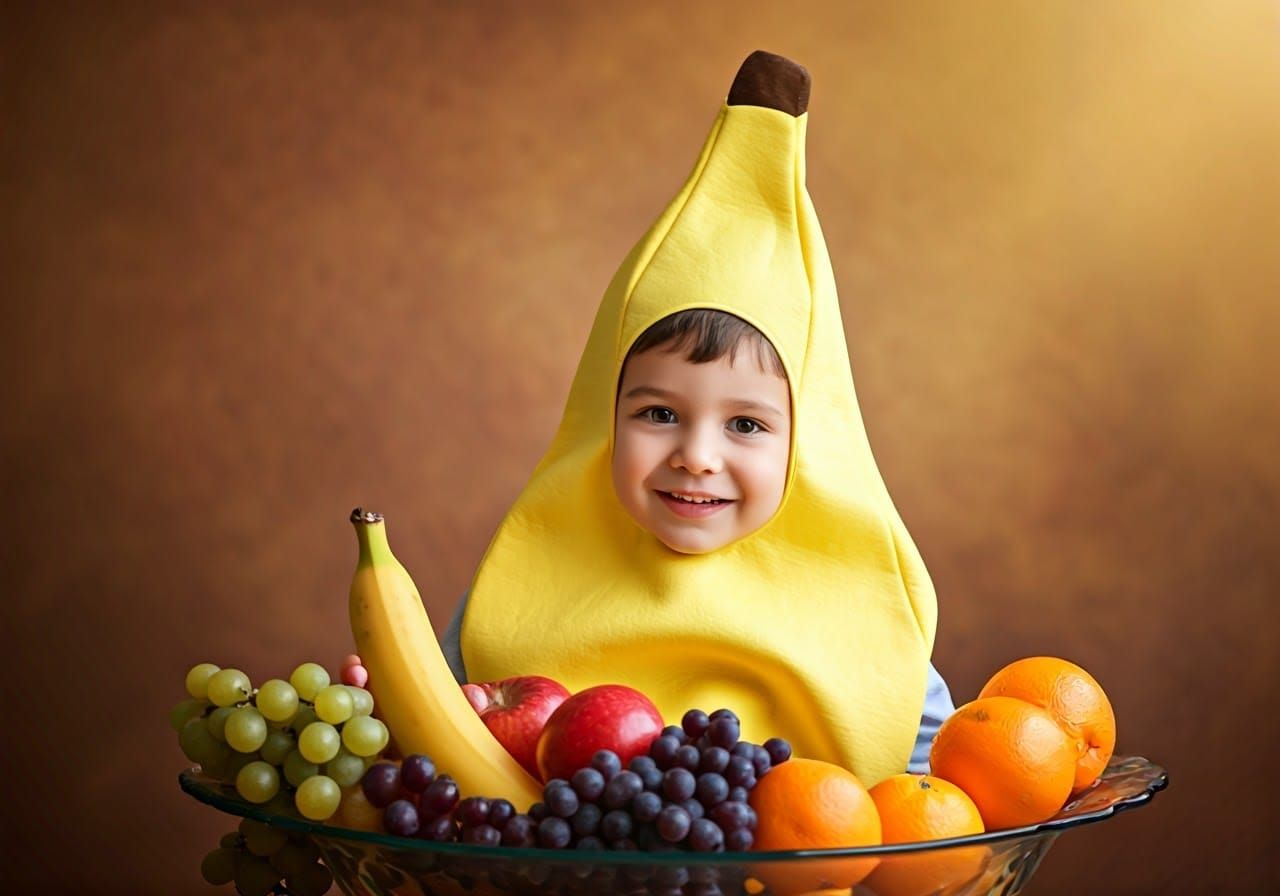 A Bright Yellow Banana Boy Sits Among Fruits in a Colorful B...