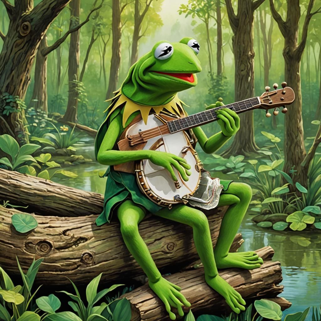 Kermit The Frog seated on a log playing the banjo.