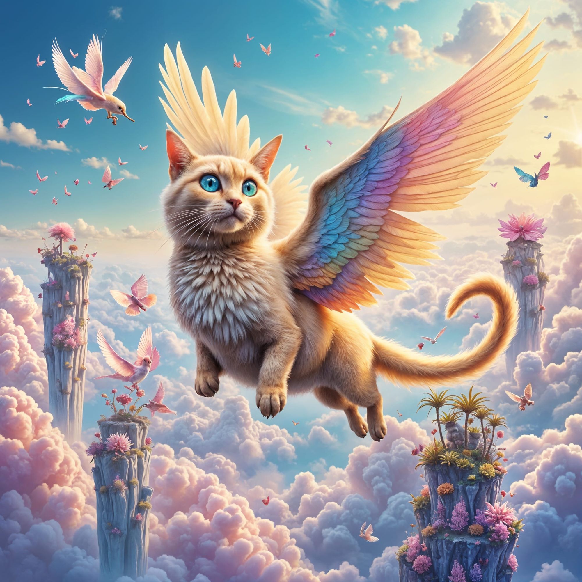 A whimsical cat-bird hybrid with iridescent plumage and delicate feathered wings soars through the sky (3)