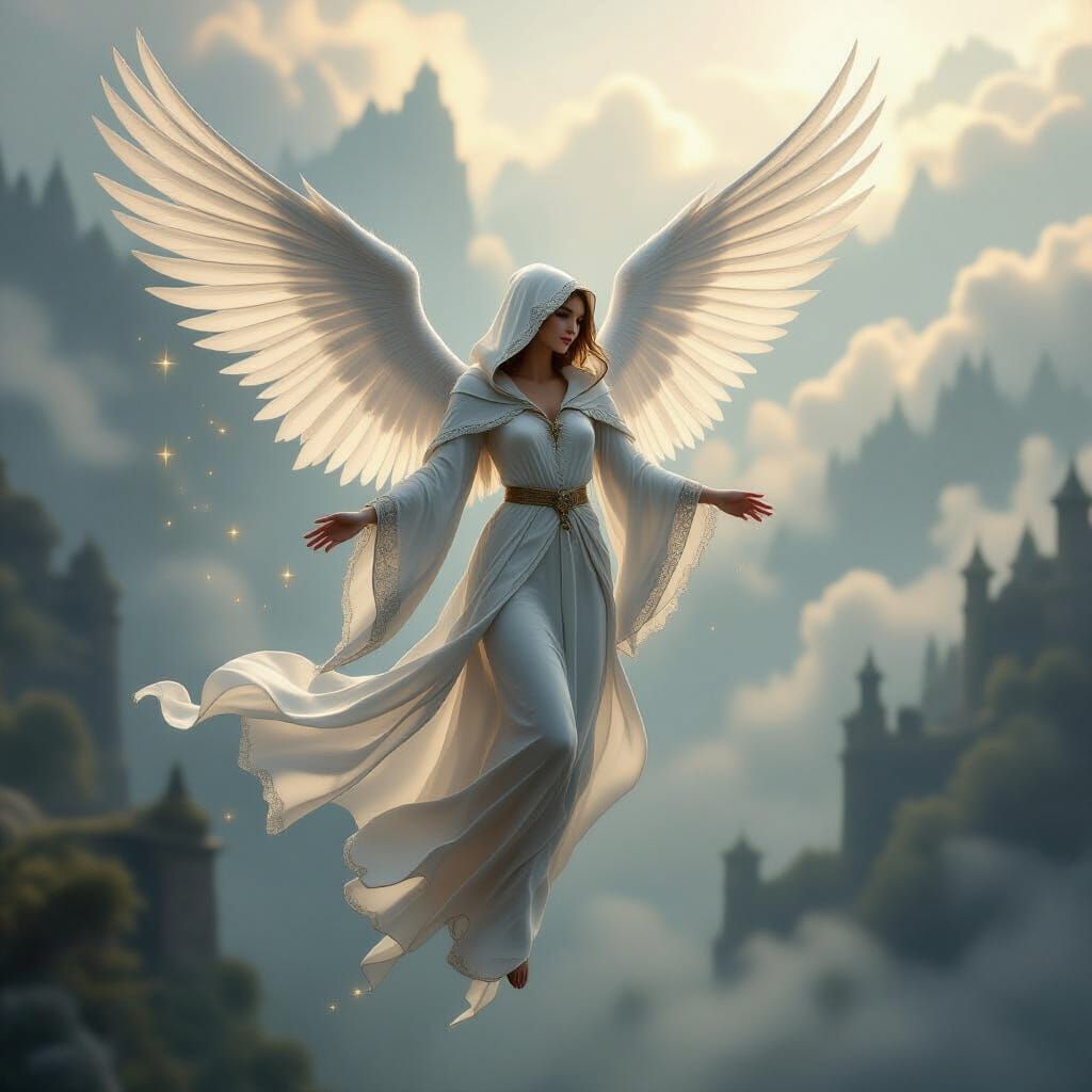 Ethereal Being Soaring Through Misty Atmosphere