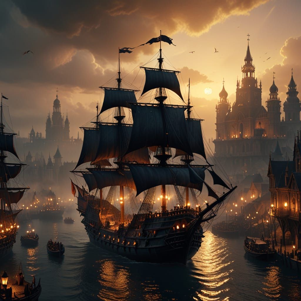 Epic Gothic Port City at Sunset in High Fantasy Style
