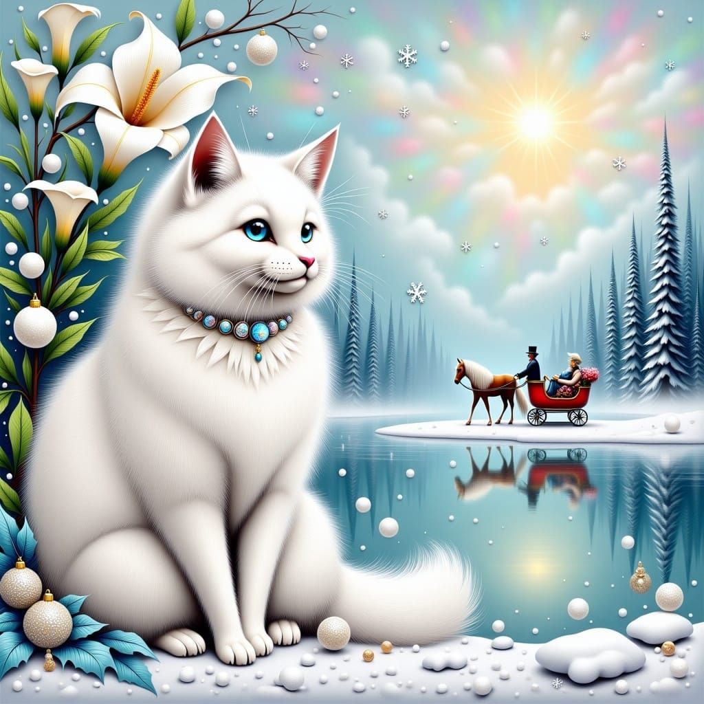 <lora:White Fantasy:1.0>whimsical acrylic 3D structures painting of a fluffy white long-haired cat near white Calla with a background winter...