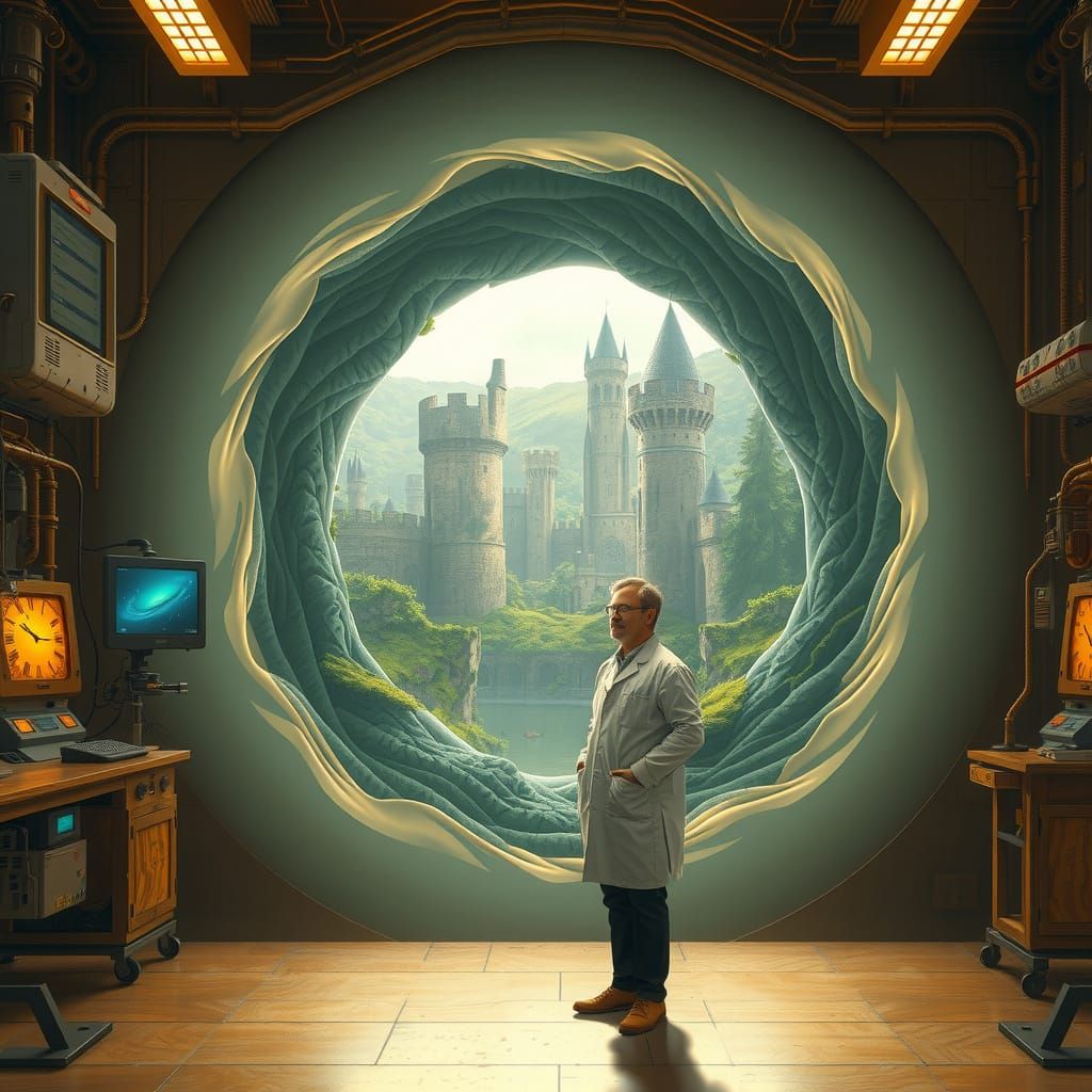 In the center of a laboratory filled with crackling machinery and flickering screens, a scientist in ...  by @Open Mind Lover 