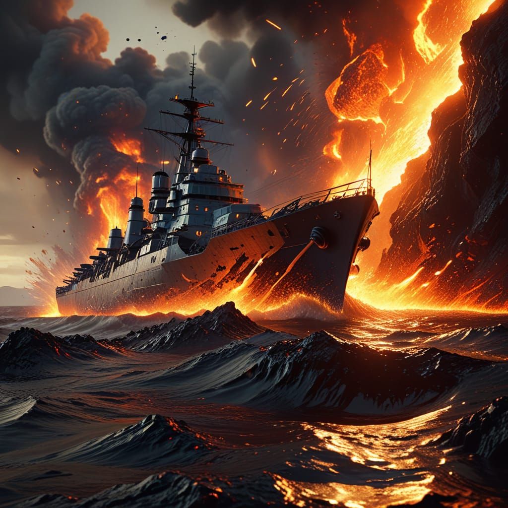 a battleship sailing through a sea of fiery red lava  by @Lady on Fire