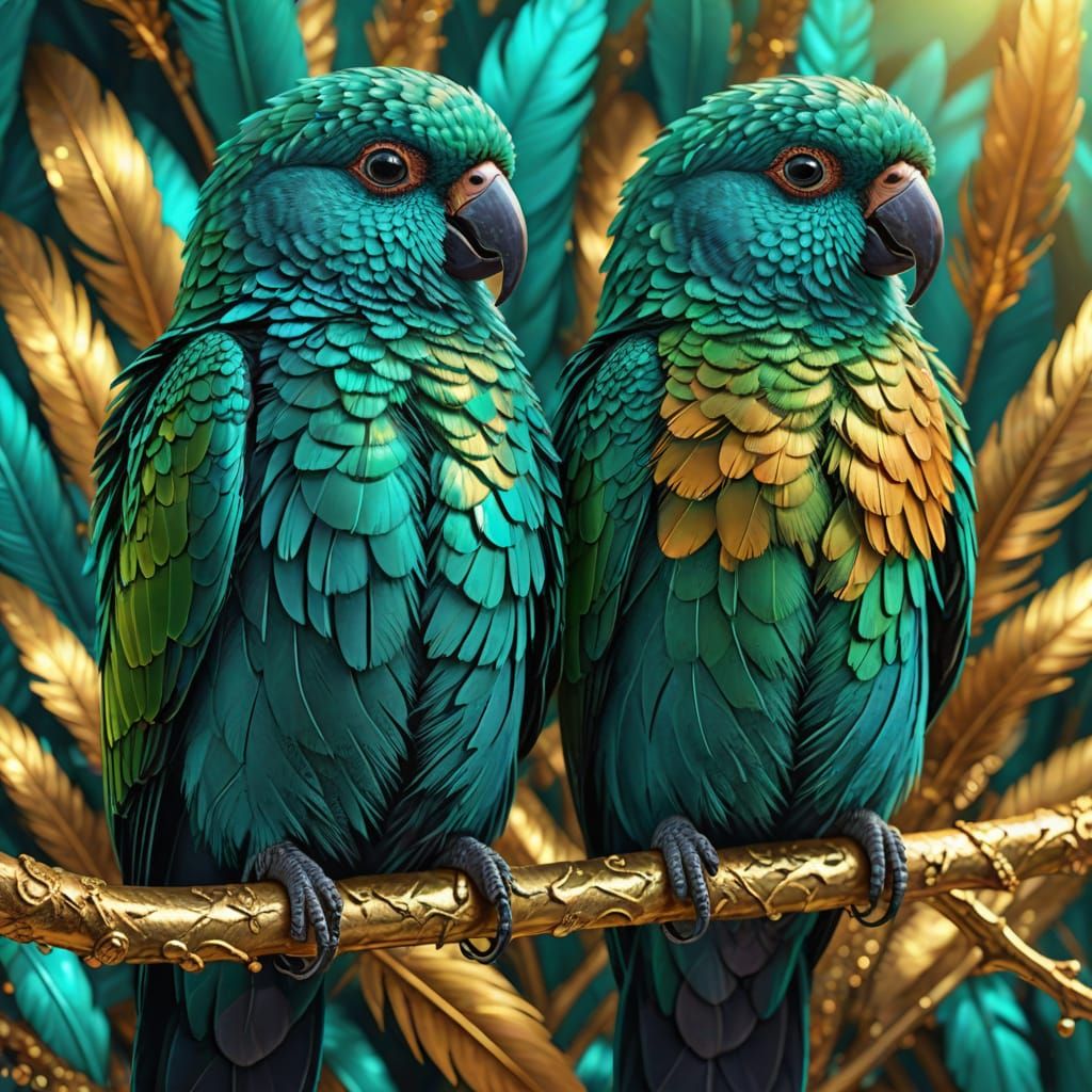 Realistic vibrant glittering turquoise pair of fantasy lovebirds   by @Eldorado