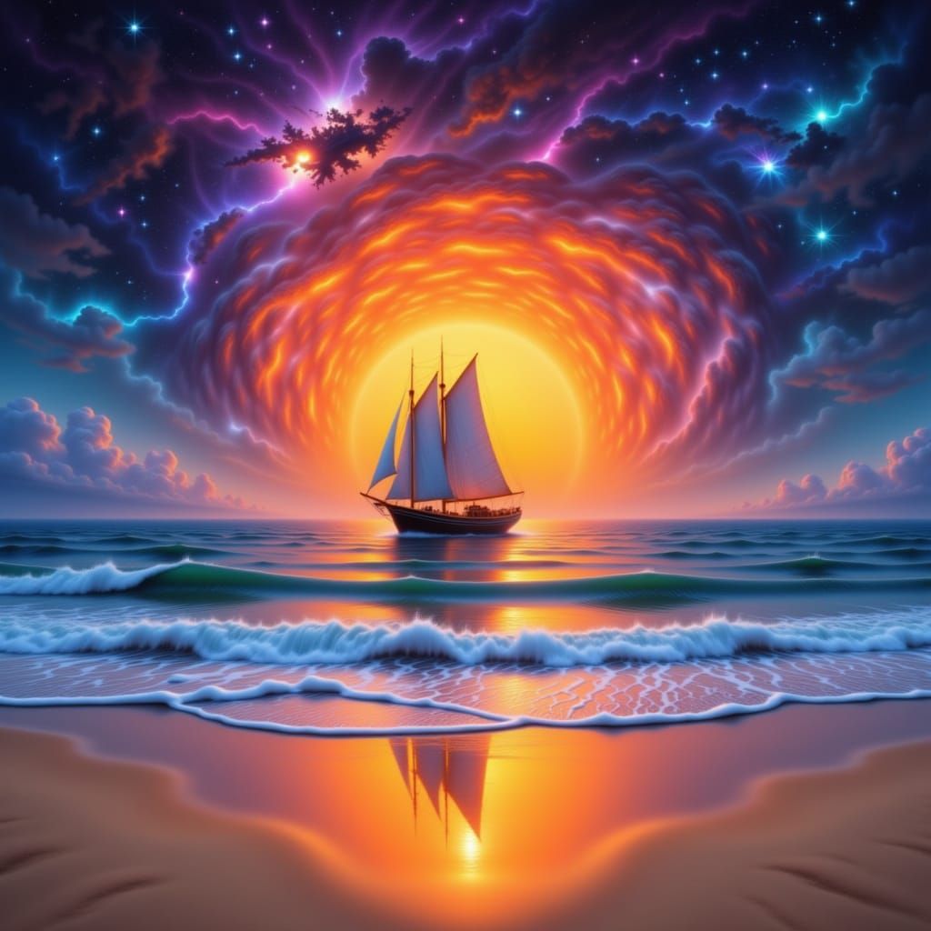 <lora:Boats and Ships:1.0>A surreal airbrushed landscape of a ocean beach sunset double exposure ship airbrushed orange ocean sunset galaxy....