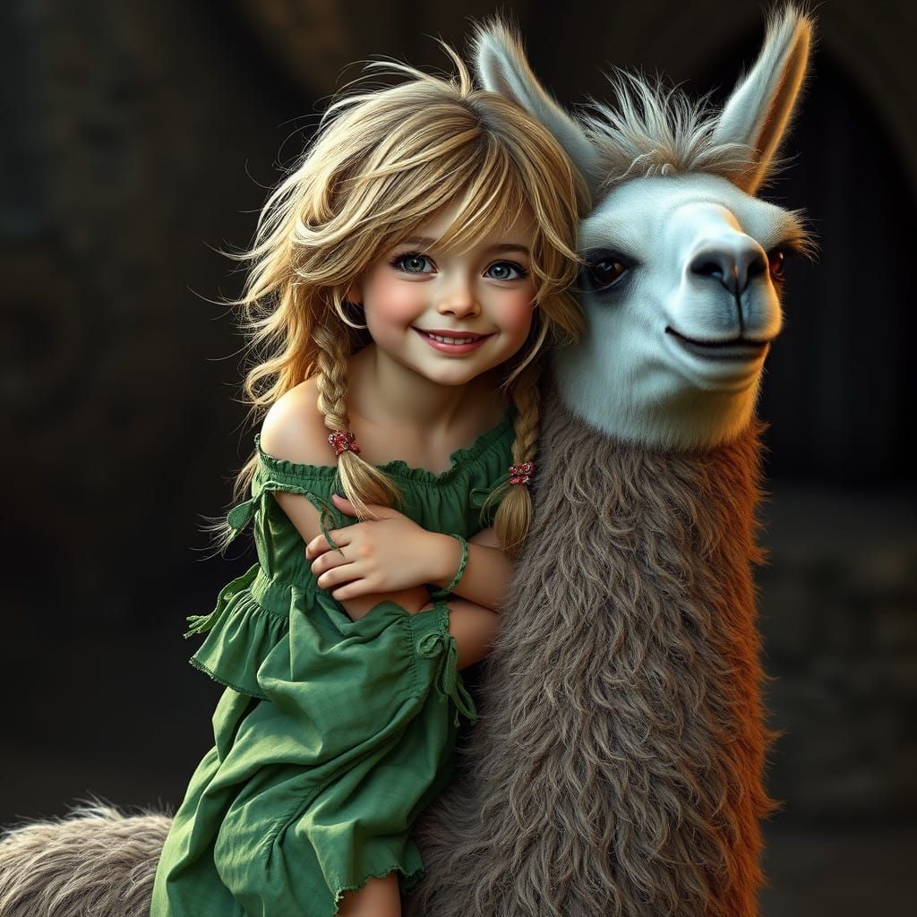 Ethereal Girl Rides Majestic Llama in Vibrant Colors