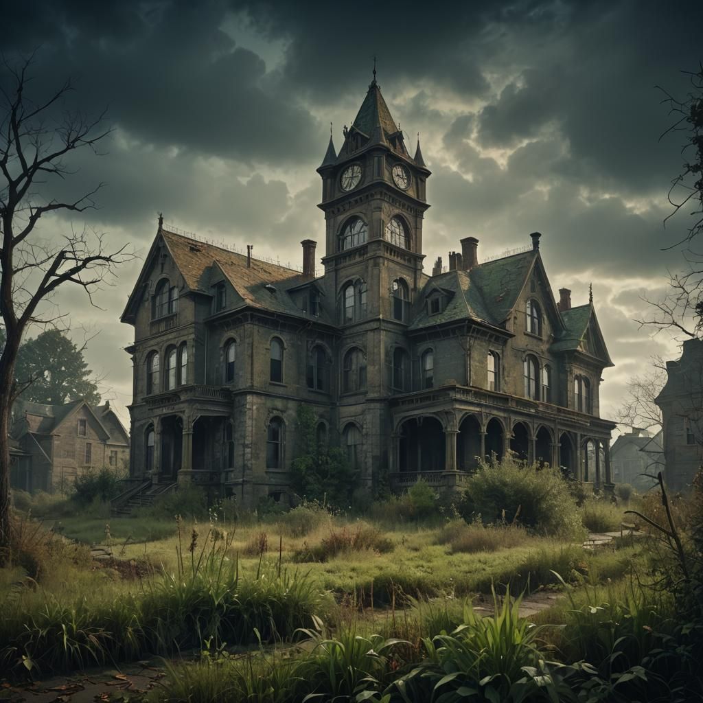 an eerie, black-and-white image of a large, old orphanage bu...