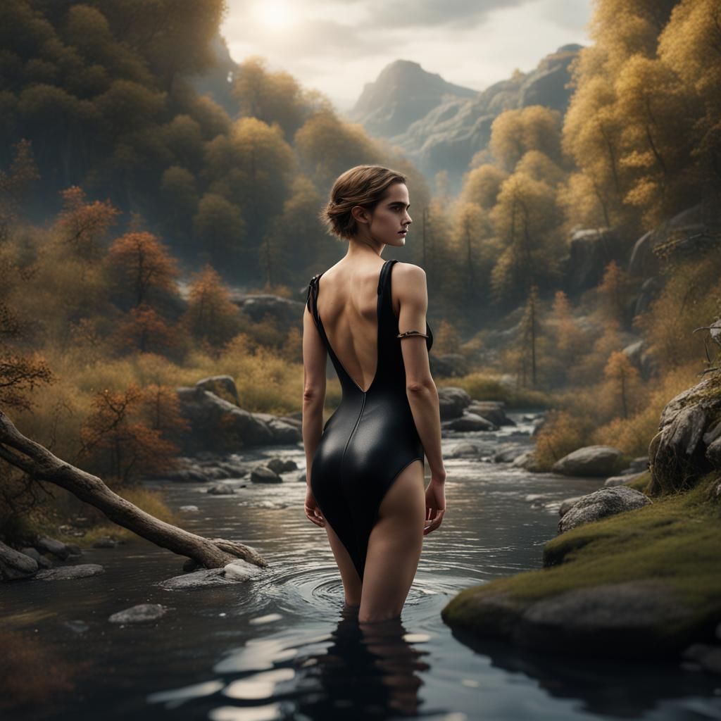 Emma Watson wearing a black swimsuit poses by the stream