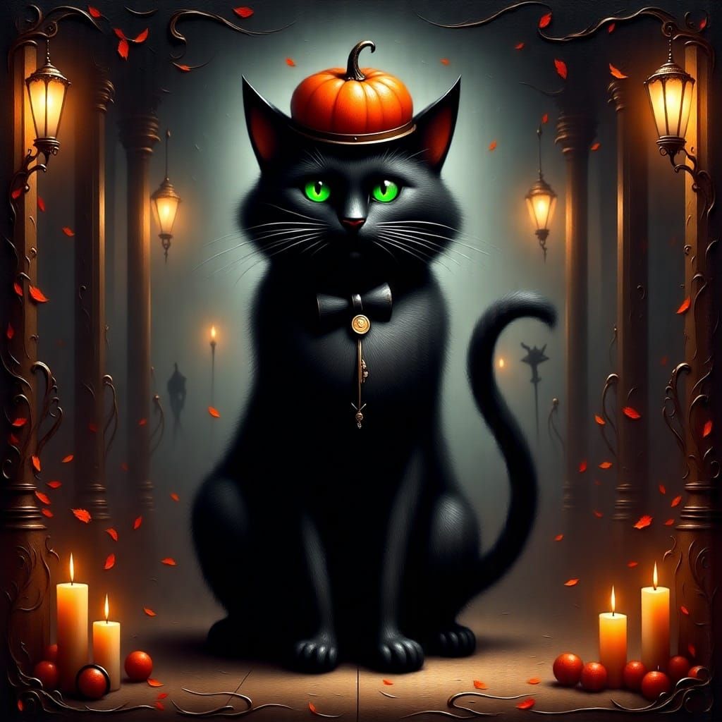 <lora:Black Fantasy:1.0> Creepy Cat, with big dangerous claws on a Halloween decorated Veranda, Decorated with Lanterns,  Candles and a Pump...