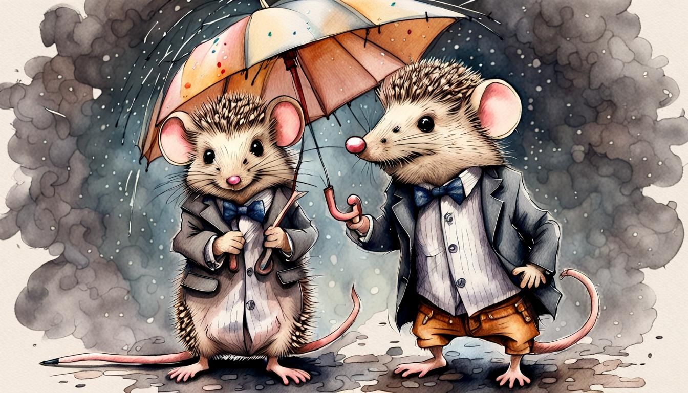 Charming Mouse and Hedgehog Sketch in Pen and Ink