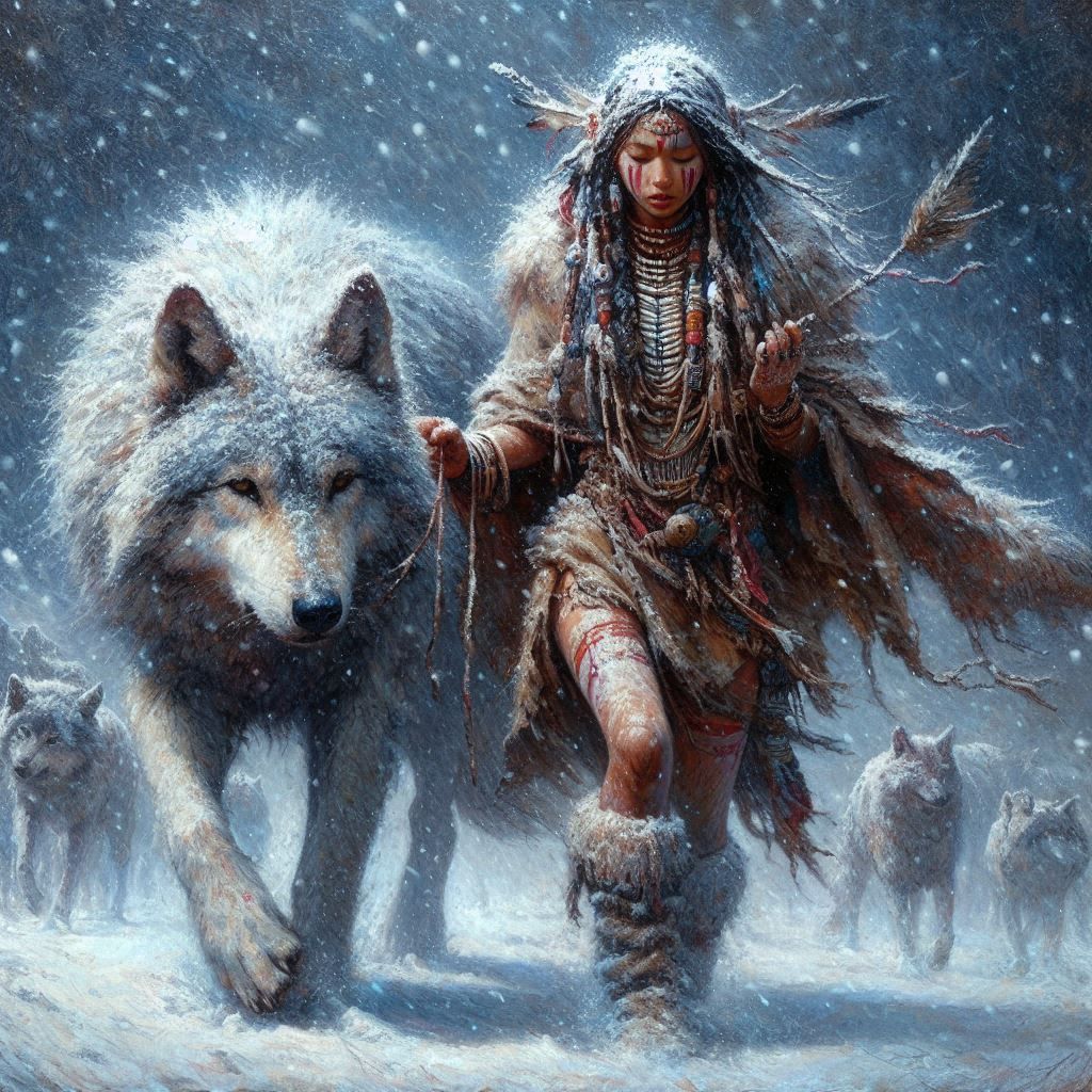 native american woman and wolf