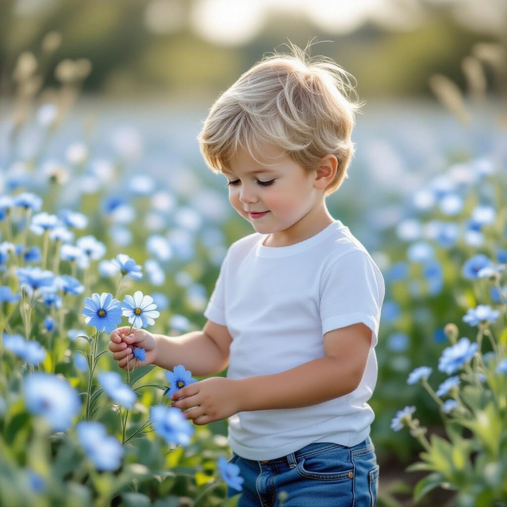 Boy Joyfully Interacts with Blue Flowers in Painterly Style