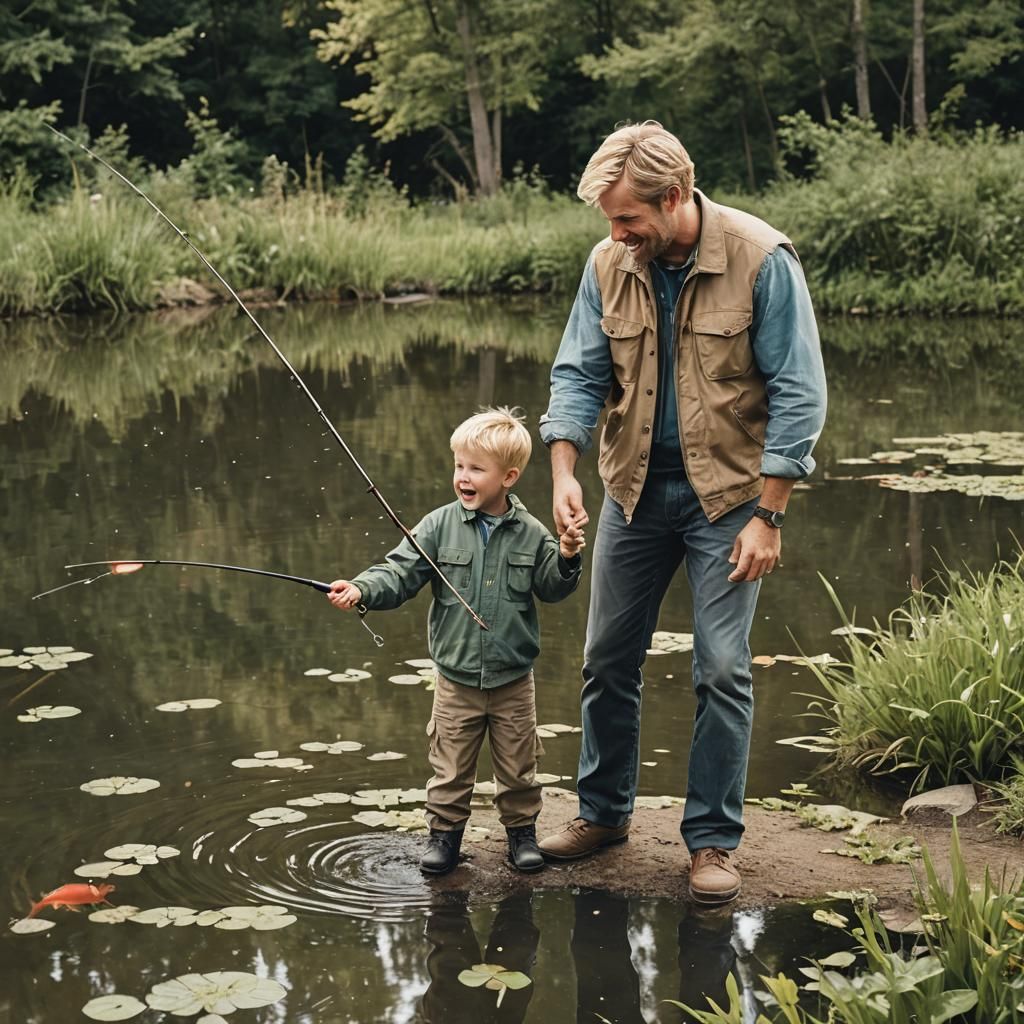 A little blond boy fishing in a pond with his dad. His dad h...
