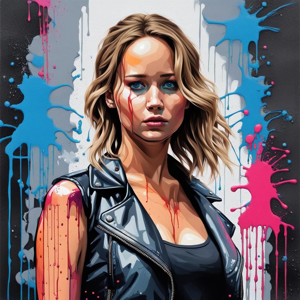 Jennifer Lawrence as the terminator graffiti art, splash art, street art,  spray paint, oil gouache melting, acrylic, high contrast, colorfu - AI  Generated Artwork - NightCafe Creator
