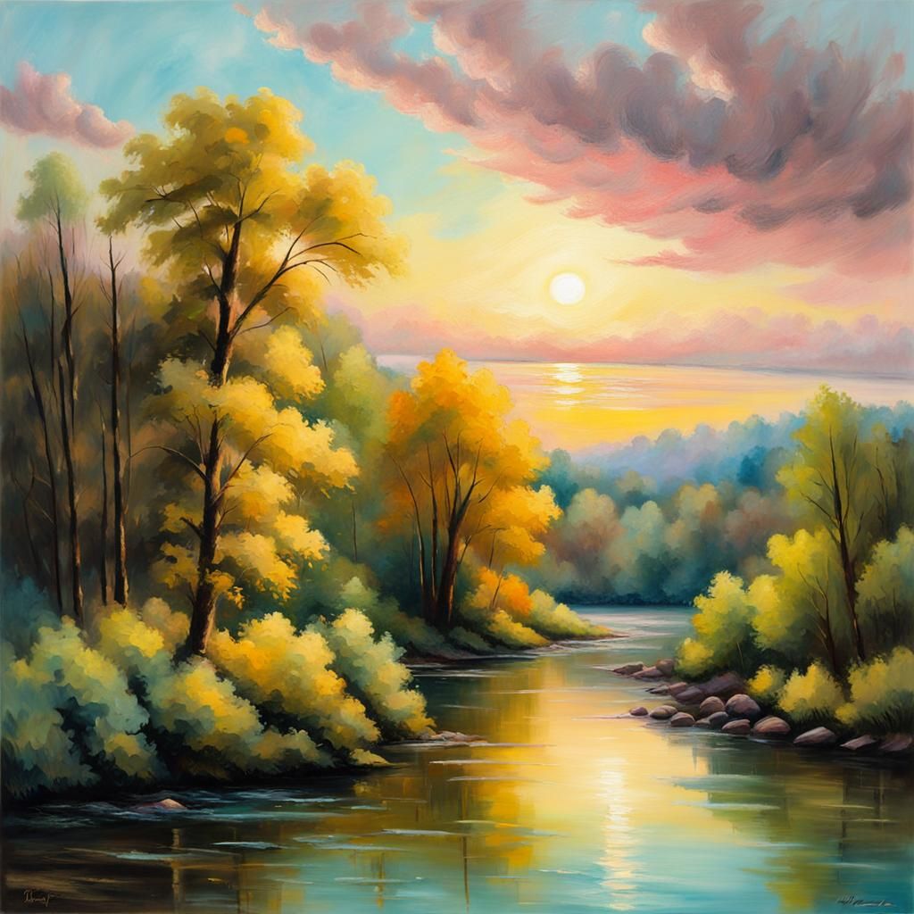 Pastel colors Art. Beautiful scenery of a river surrounded by trees
