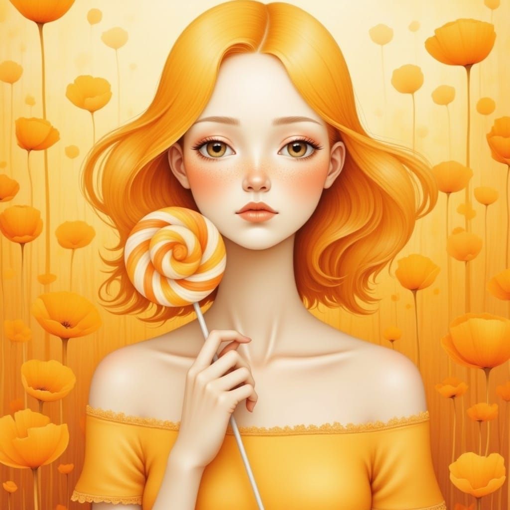 <lora:MONO PORTRAITS:1.0> a portrait of a beautiful girl in shades of yellow and orange, matching colours, with a lollipop in her hand, wate...