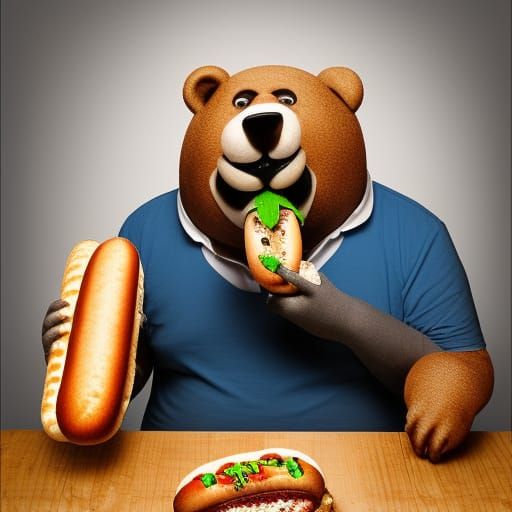 Big Fat looking Bear  eating a Hot Dog in a Ed Roth art styl...