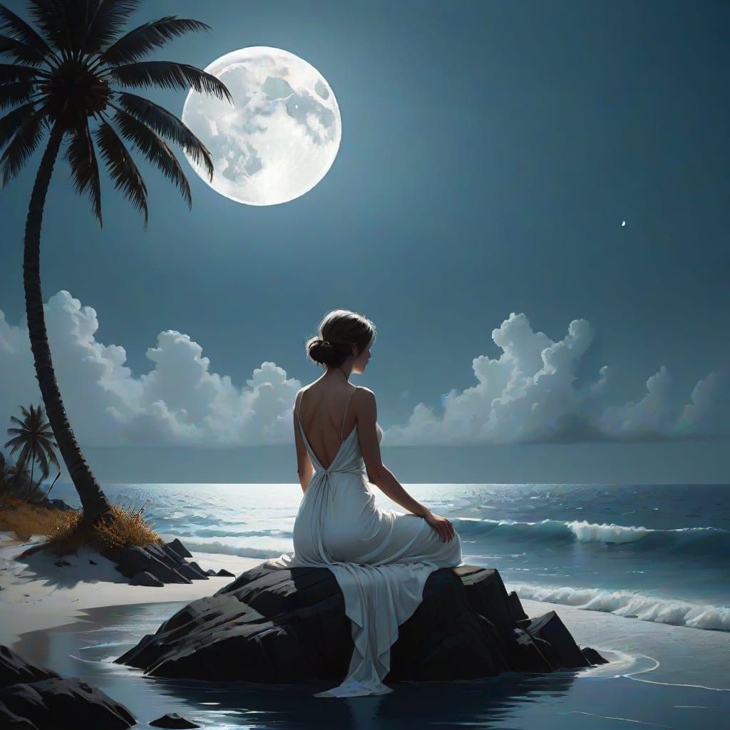 Vibrant, monochromatic dark blue 8K image of a female silhouette sitting on a tiny deserted atoll, sitting ...  by @Slappy