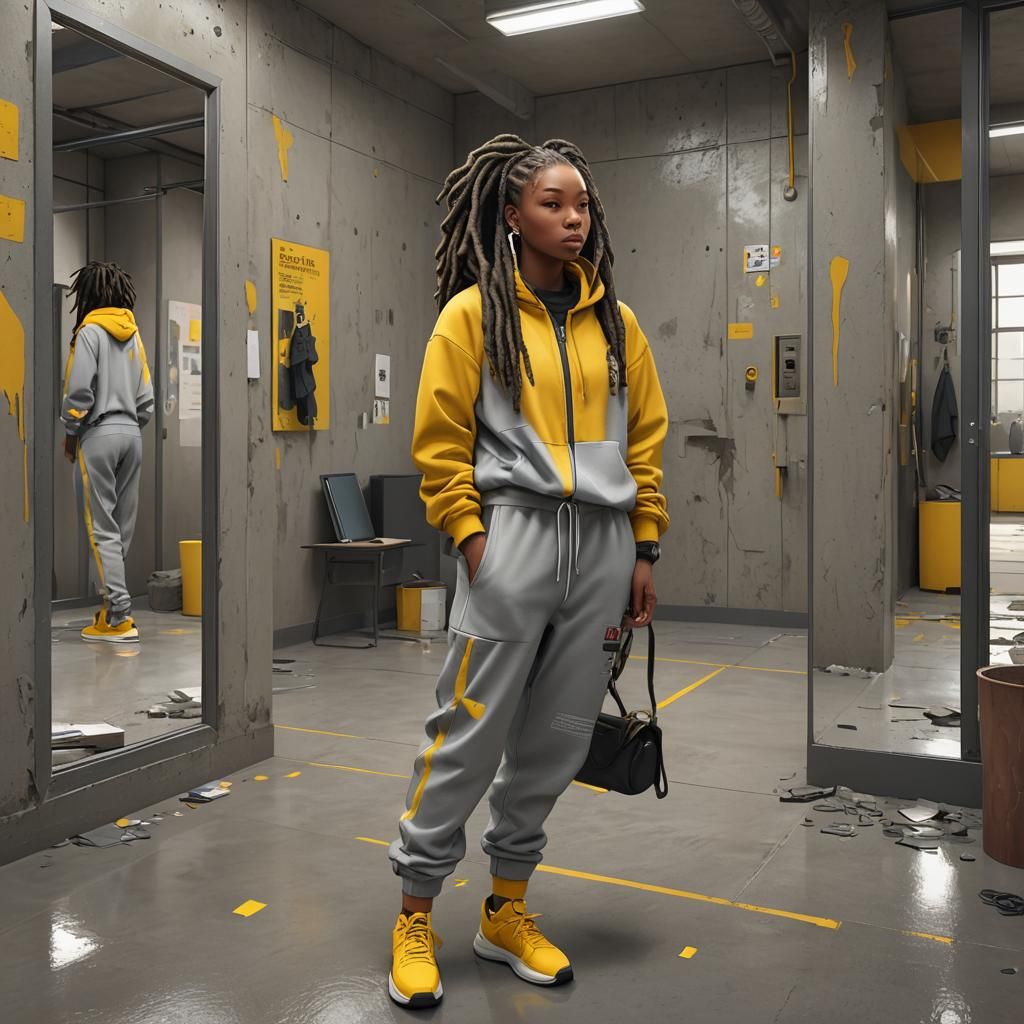 Create a slim thick African American female with locs in a grey sweat suit  is in a yellow concrete room while looking into a floor to ceilin... - AI  Generated Artwork -