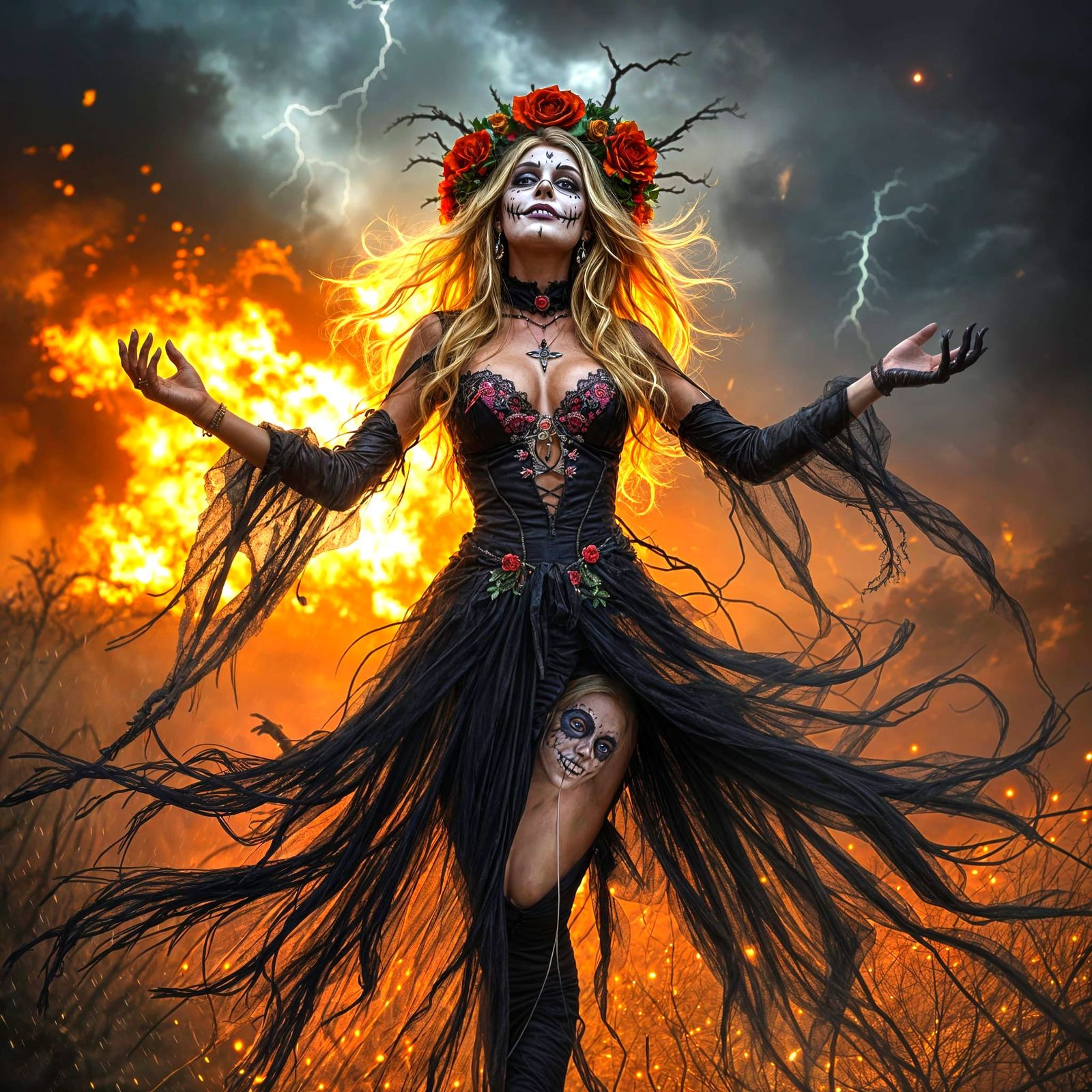 Wide shot of a stunning smiling blonde Lady wearing a fabulous, rich and scary halloween costume of the ...  by @Papa Garry