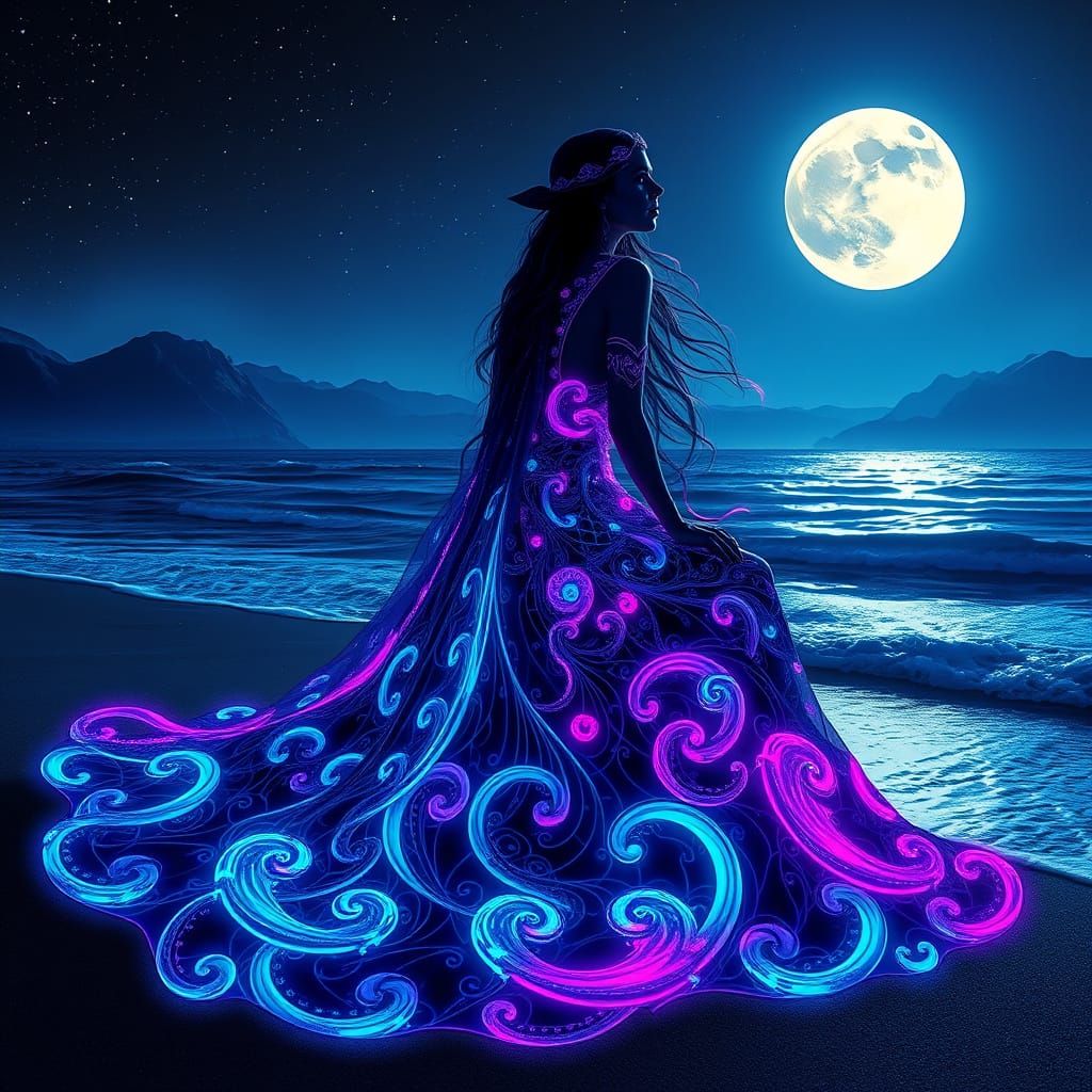 Ethereal Goddess of Neon Dreams on Moonlit Beach