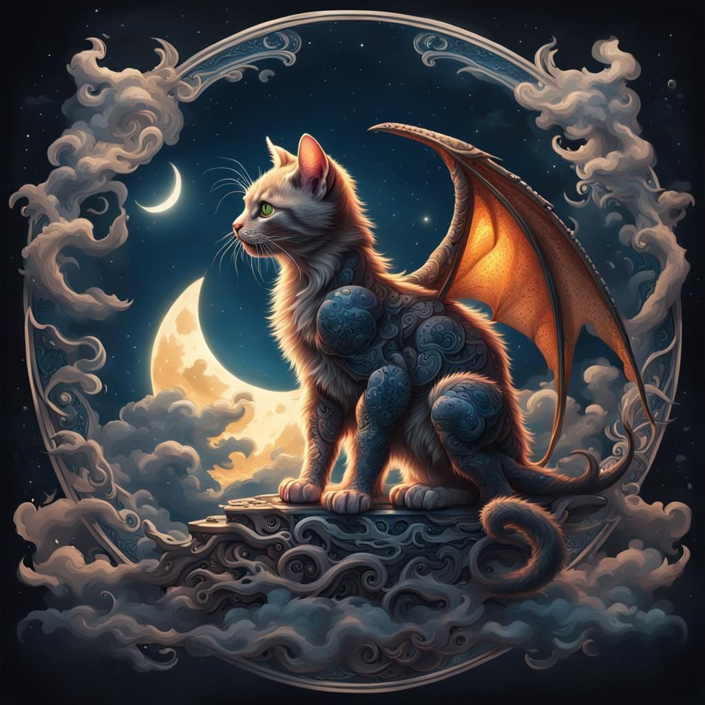 A tattoo of a kitten dragon playing in the sky under a full ...