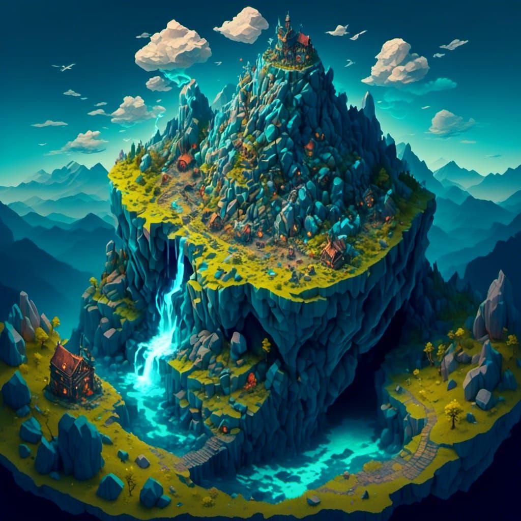  <lora:Isometric View:1.0> isometric view on a cloud covered mountain