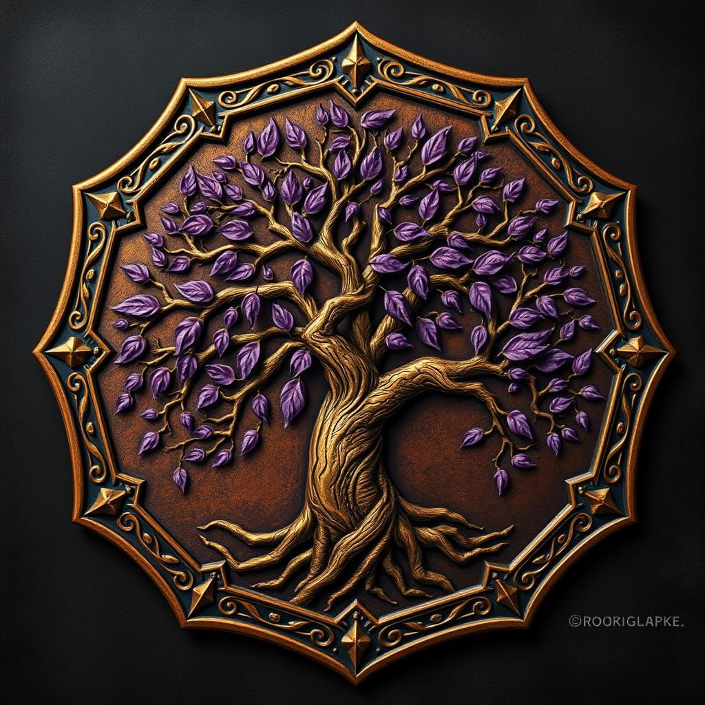 An eight sided shield made of copper and gold. The tree of life is engraved on the shield. Thee tree ...  by @Shan