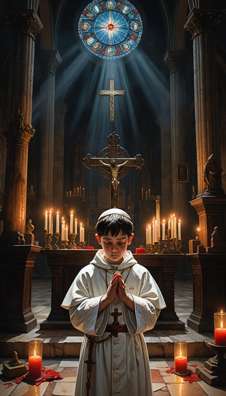 A cathedral where moonlight streams from behind the altar, shining directly through colorful stained glass and casting vivid beams of light.