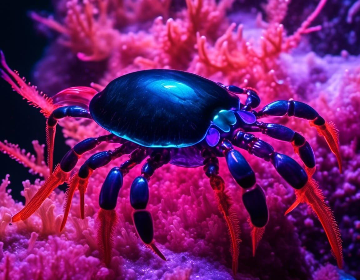 Glinting Bioluminescent Crustacean, deep dark ocean surroundings, Luminous ultraviolet <lora:FlamBear:1.0> colours, perfect cinematic visual...
