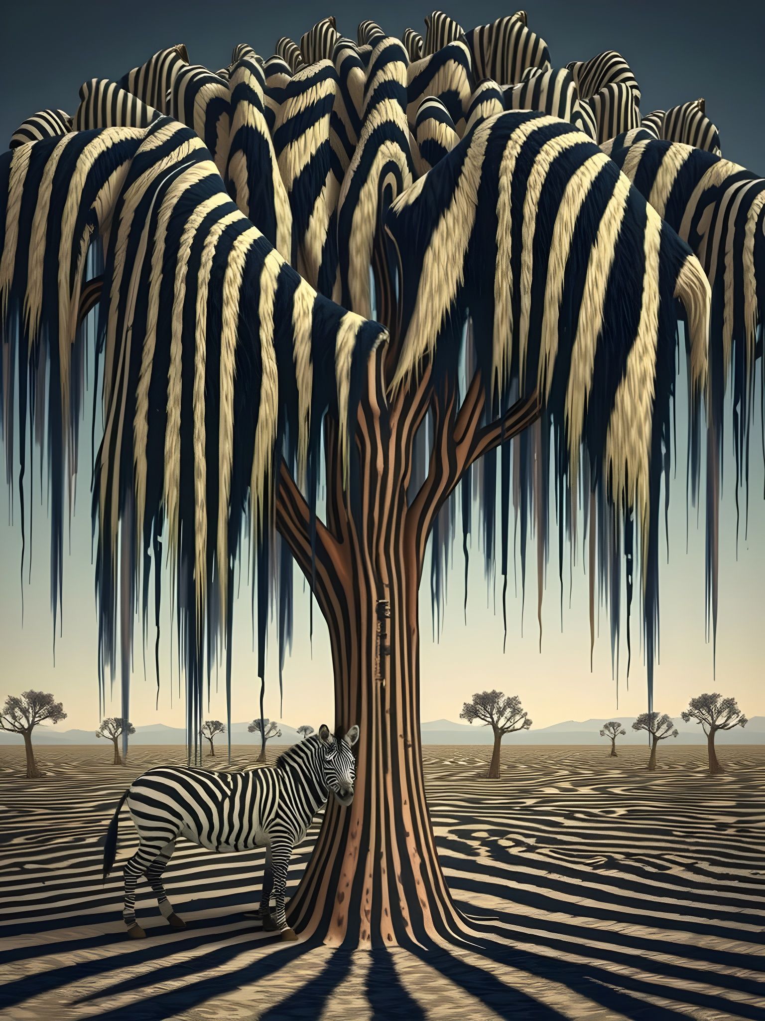 Wacky  Black white fur stripe growing dropping fur blankets strands dangling off plant , zebra beside ...  by @David Myers