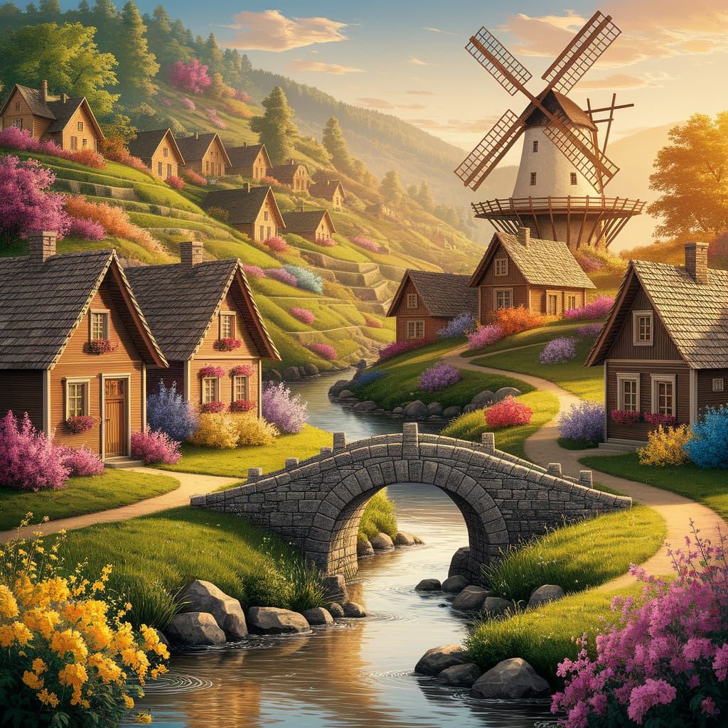 Picturesque Village Scene as Oil Painting