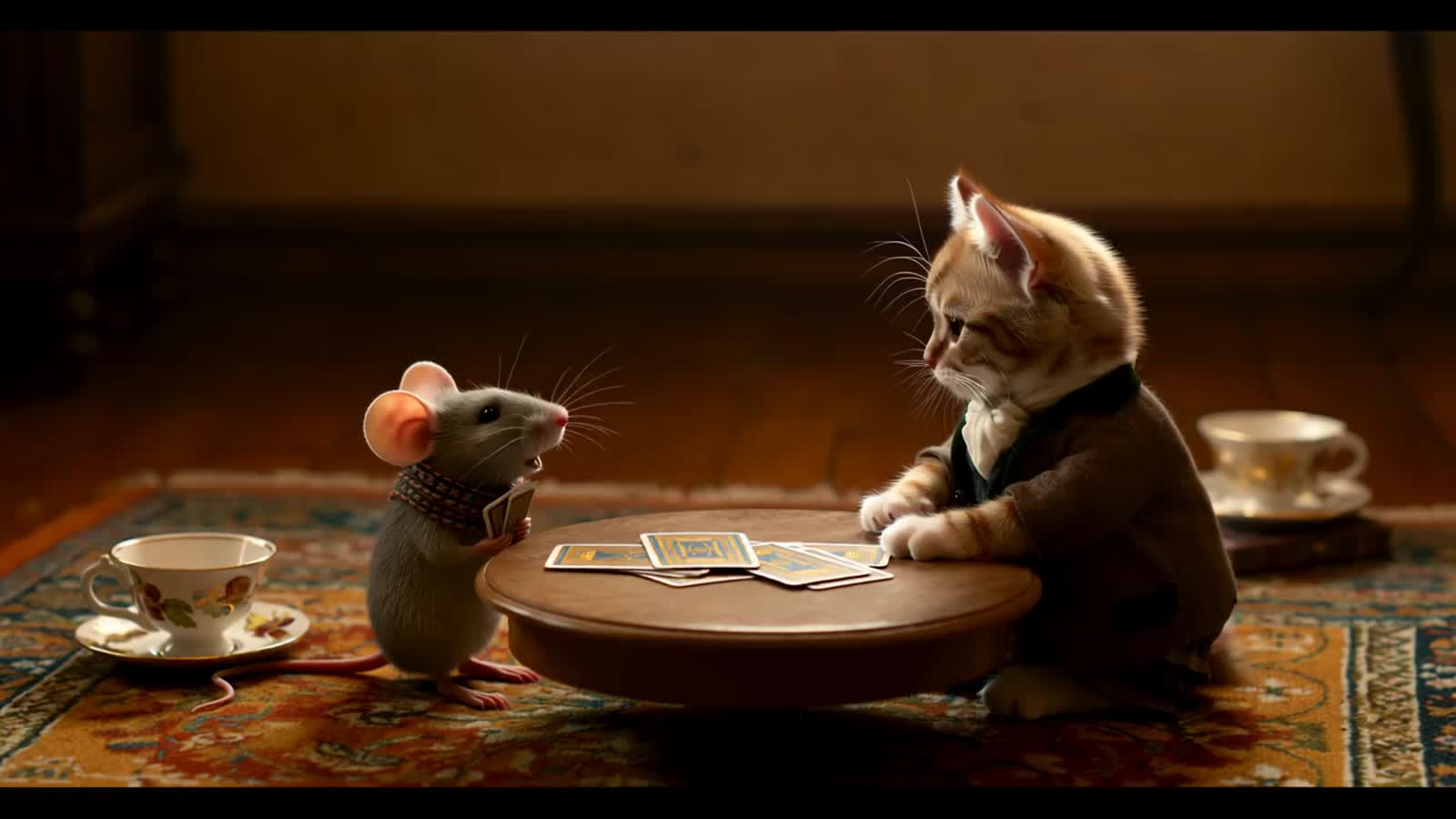A photorealiticimage of A small cat and a little mouse sitting together at a round card table, both focused on a friendl...