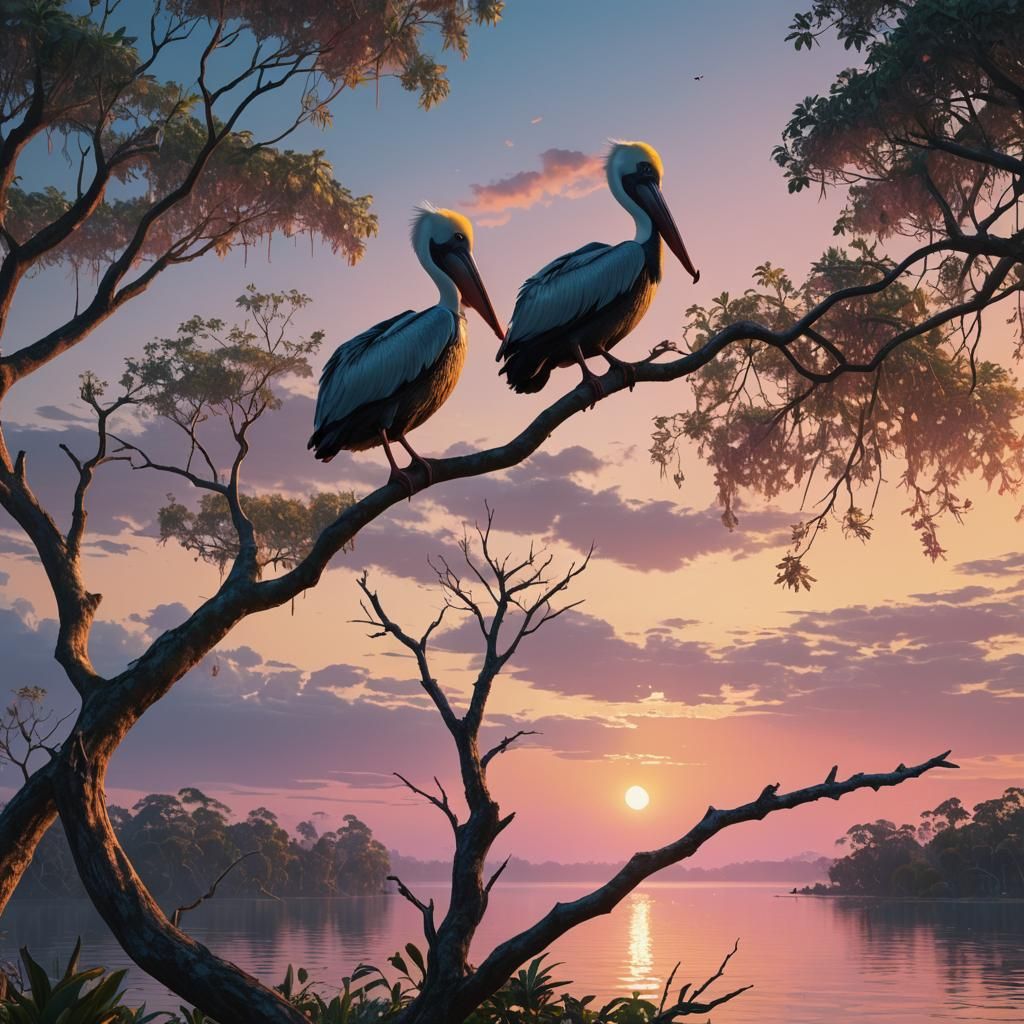 Gum tree silhouette, incredible sunset, pelican