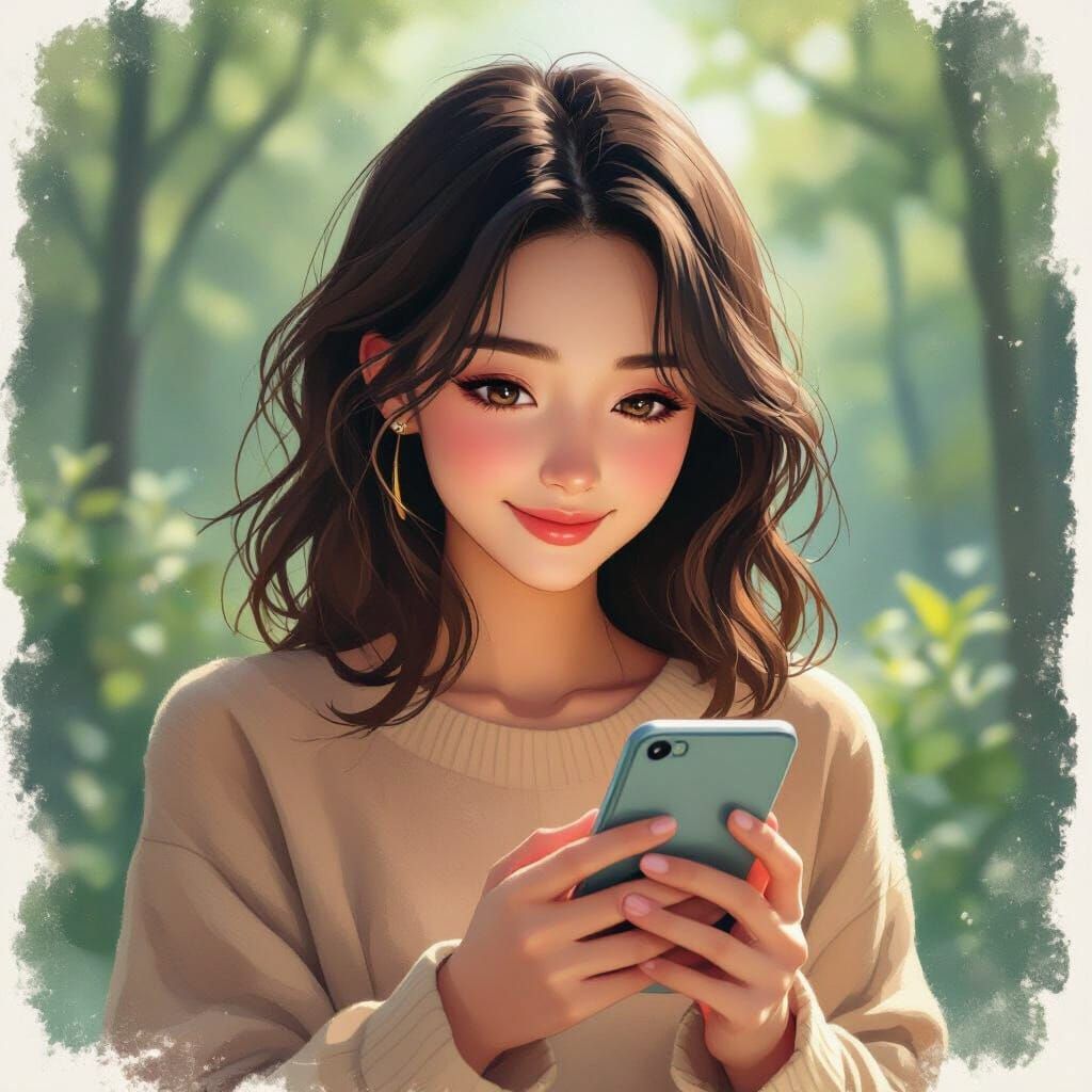 Serene Woman and Smartphone in Watercolor Style