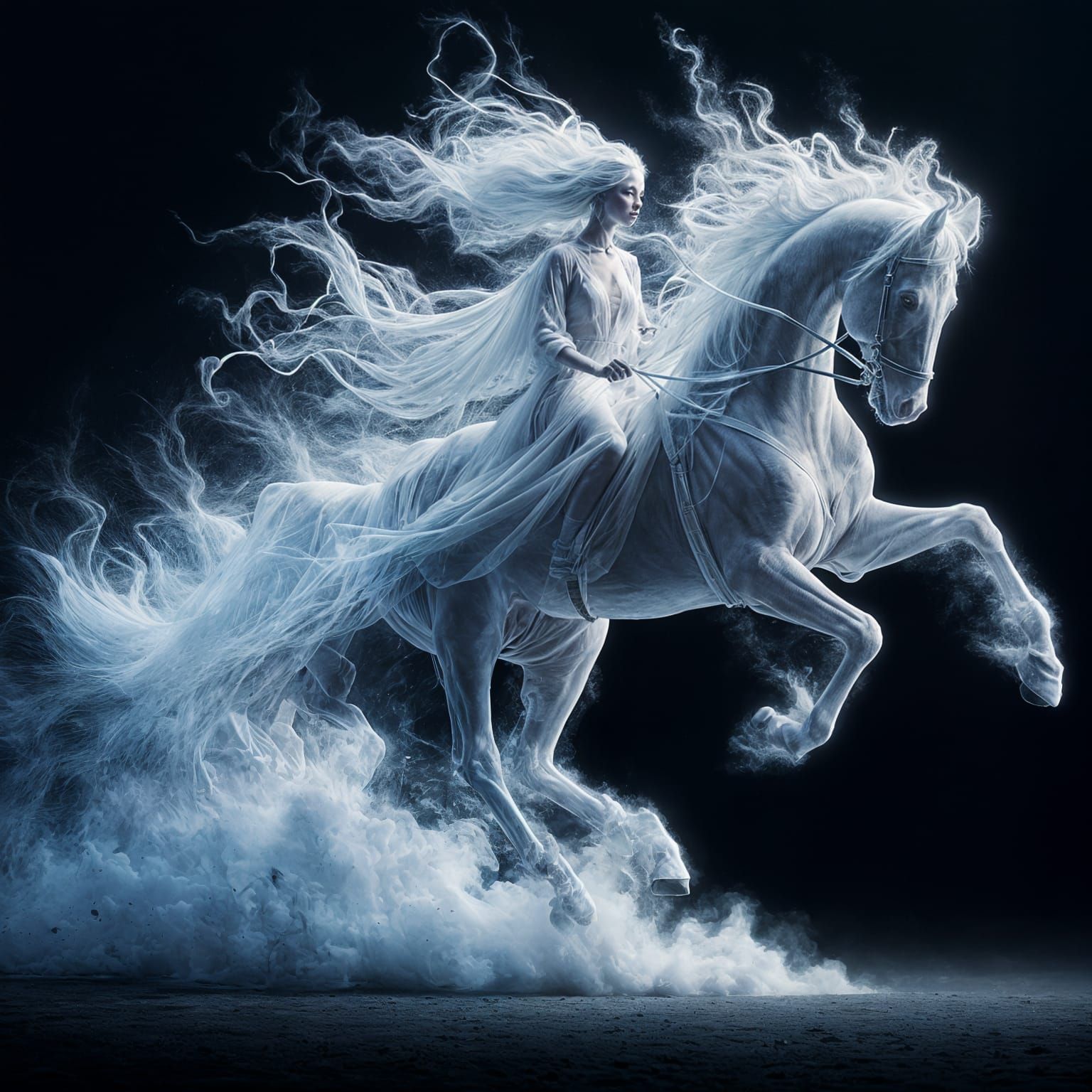 A ghostly woman rider on a ghost stallion