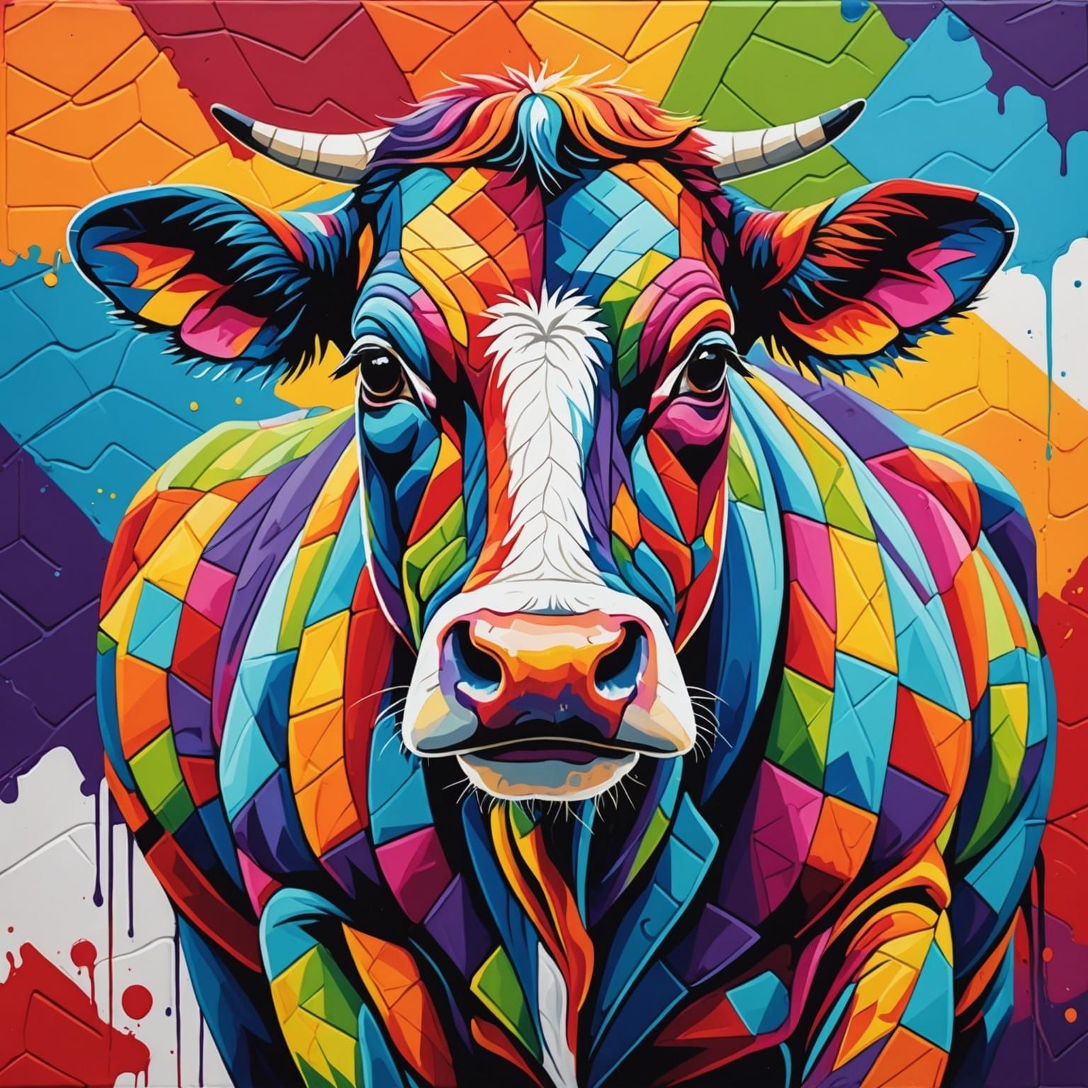 Patchwork quilted cow, vibrant colorful rainbow, different fabric and patterns