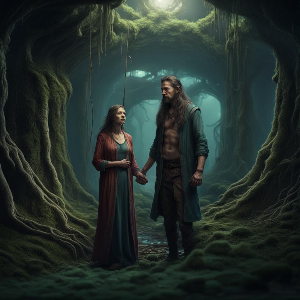 long haired man with his mother in an underground forest