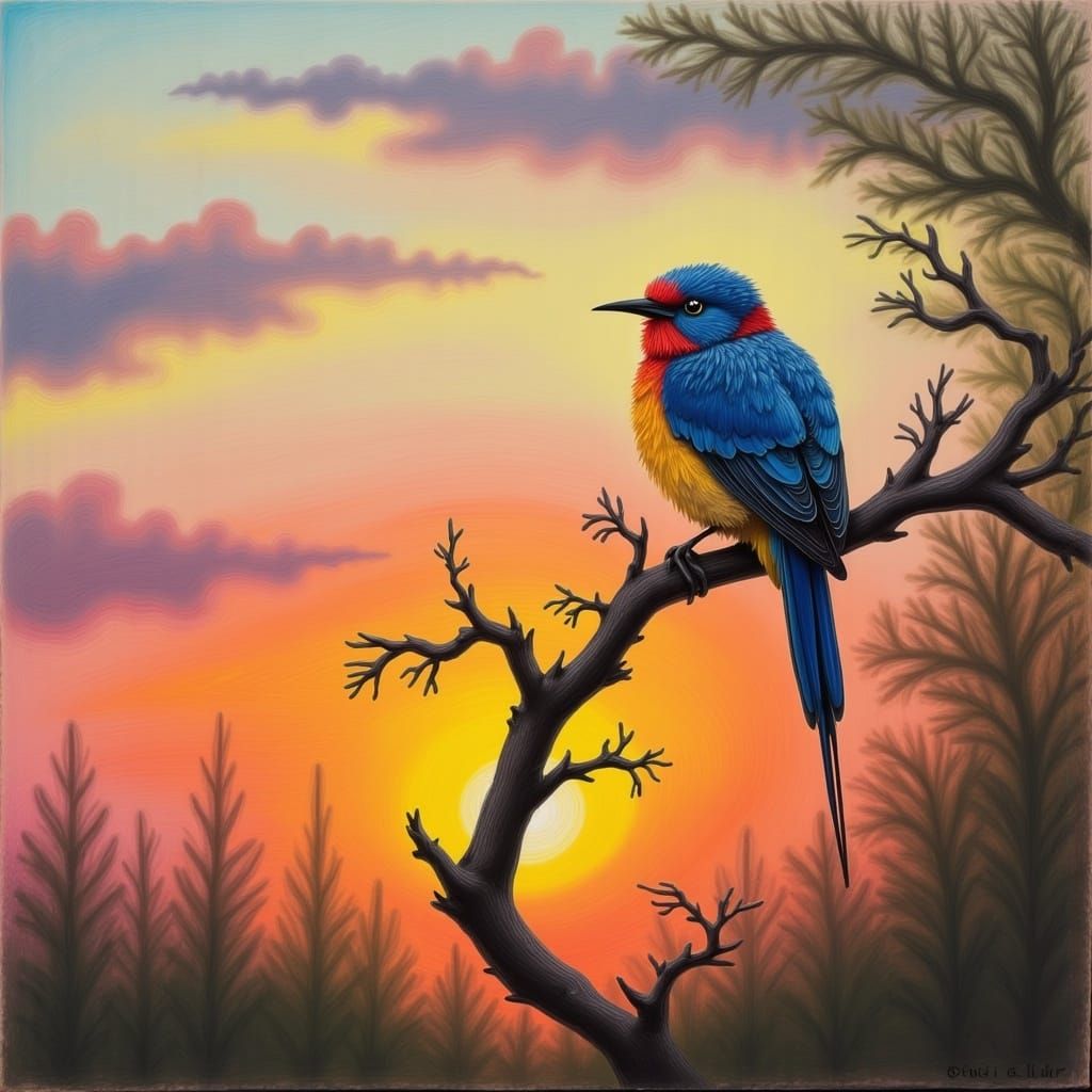 <lora:ChildhoodCrayon Flux:1.0> A beautiful bird on a branch, sunset