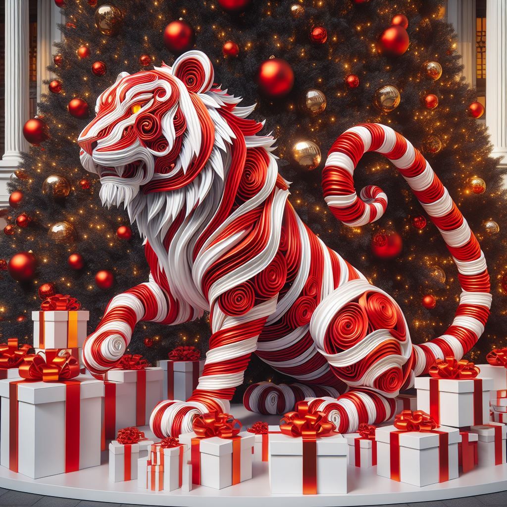 red and white ribbon tiger coalesced from Christmas presents