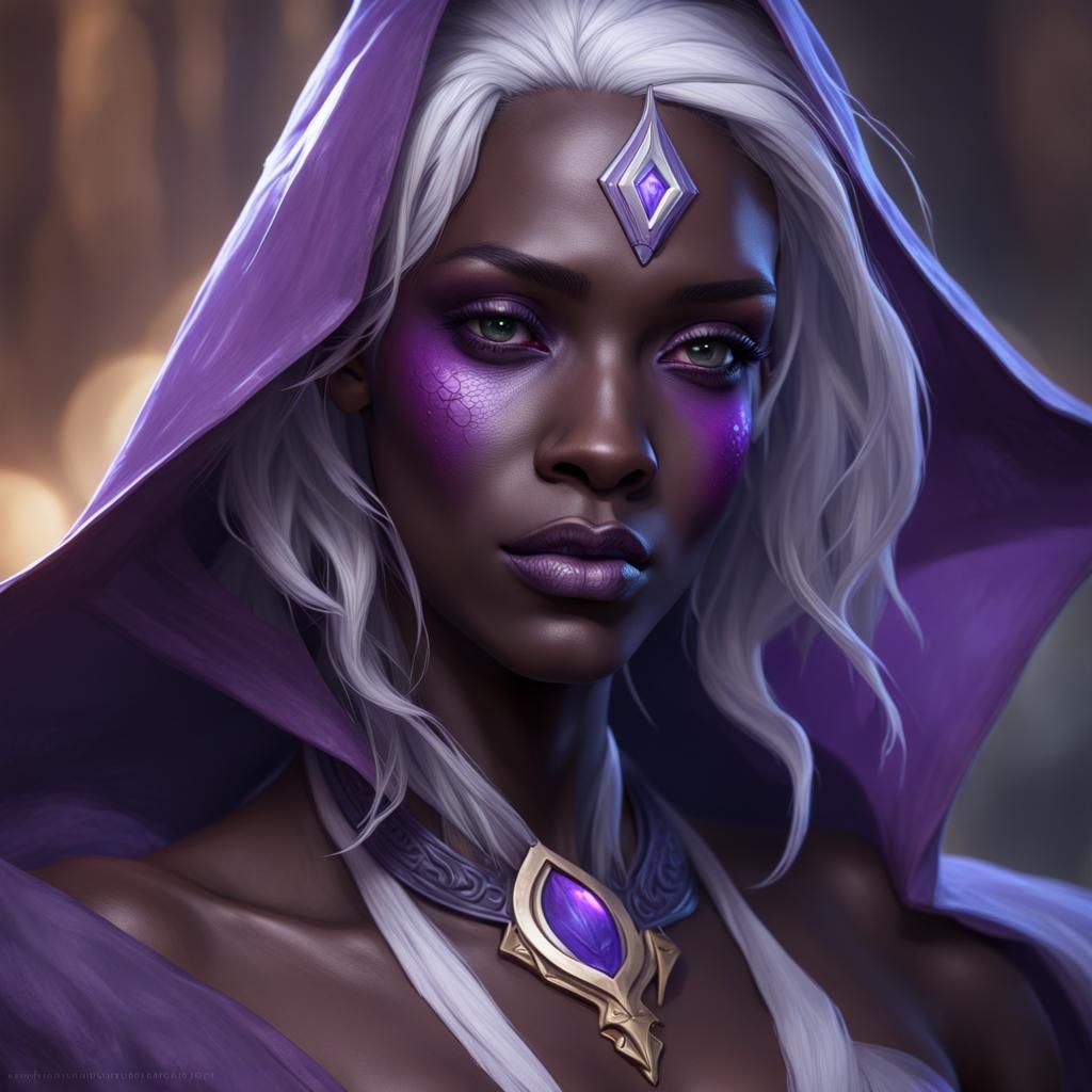 Purple skinned female drow wizard portrait