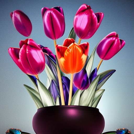 shera of glass contains 3 crystal tulips, with petals formed of a